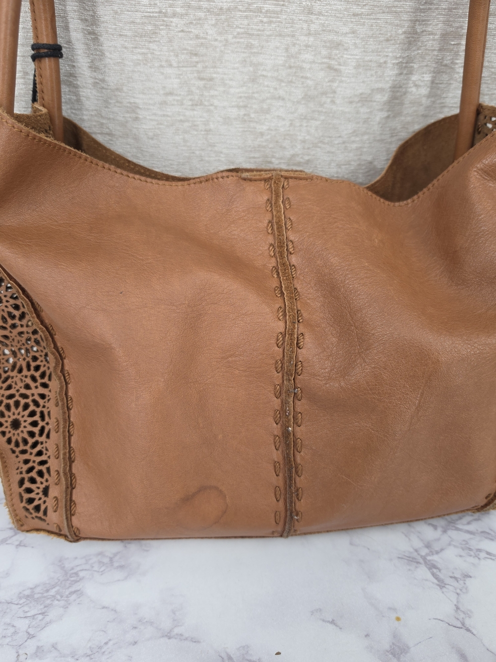 The Sak Brown Laser Cut Leather Handbag Fringe Tassel Charm LARGE WATER SPOT - Picture 3 of 12